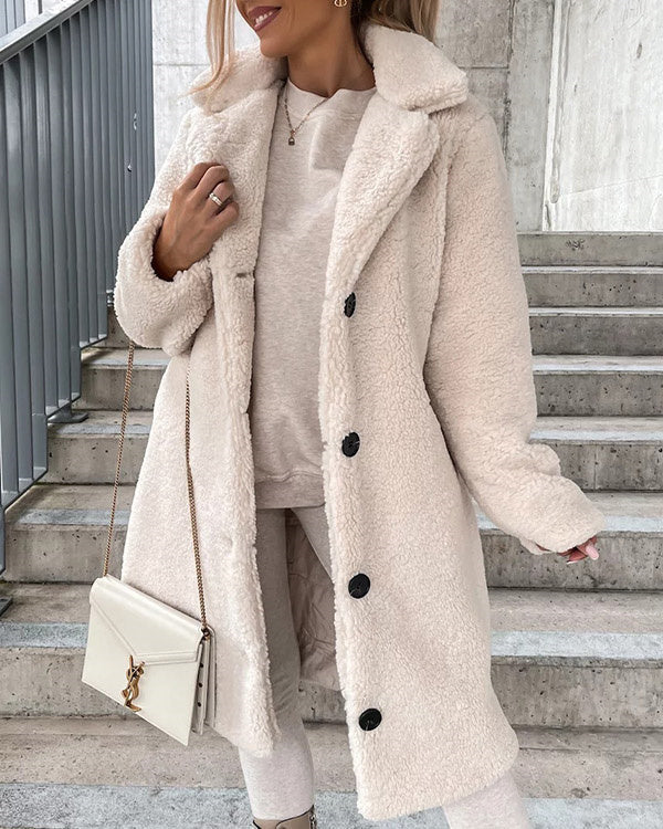 Manteau Long Chaud à Revers, Fausse Fourrure et Flanelle