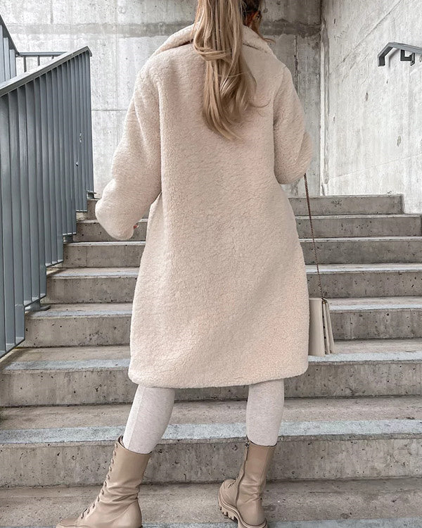 Manteau Long Chaud à Revers, Fausse Fourrure et Flanelle