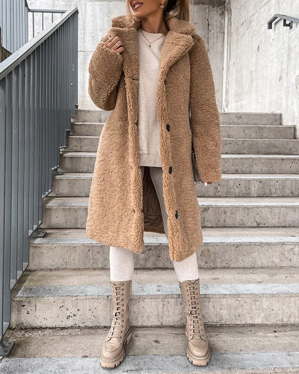 Manteau Long Chaud à Revers, Fausse Fourrure et Flanelle