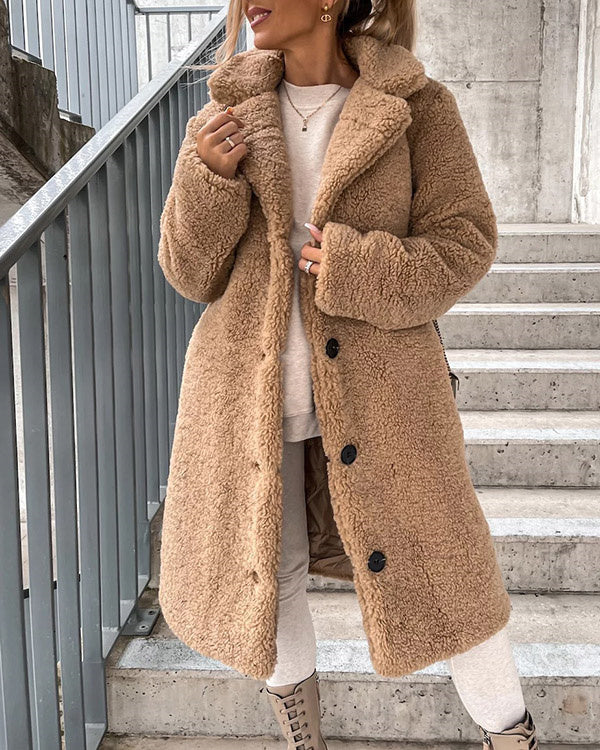 Manteau Long Chaud à Revers, Fausse Fourrure et Flanelle