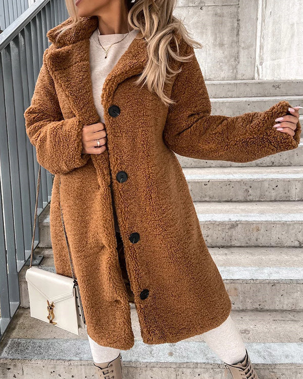 Manteau Long Chaud à Revers, Fausse Fourrure et Flanelle