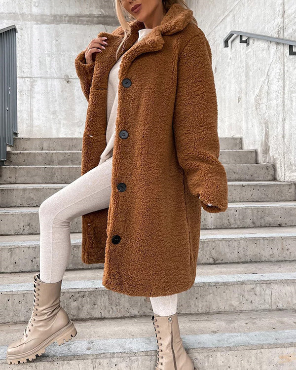 Manteau Long Chaud à Revers, Fausse Fourrure et Flanelle