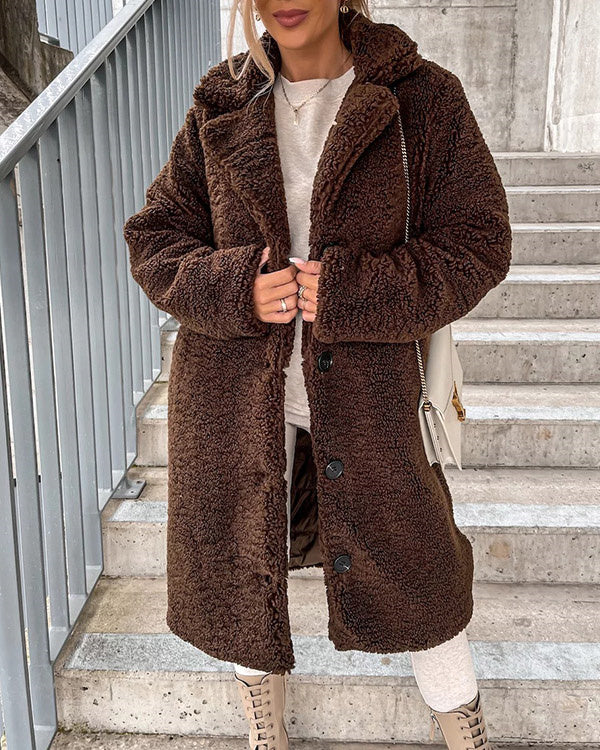 Manteau Long Chaud à Revers, Fausse Fourrure et Flanelle