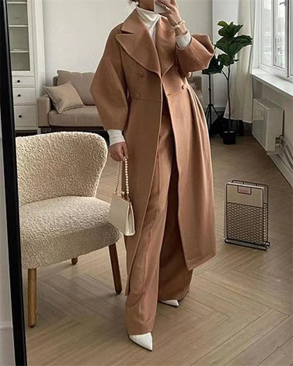 Manteau en Laine à Revers, Manches Lanterne Vintage