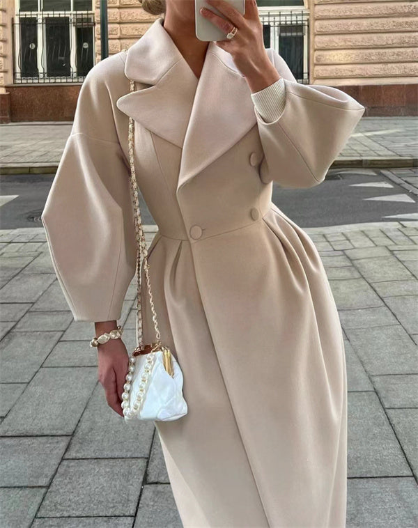 Manteau en Laine à Revers, Manches Lanterne Vintage