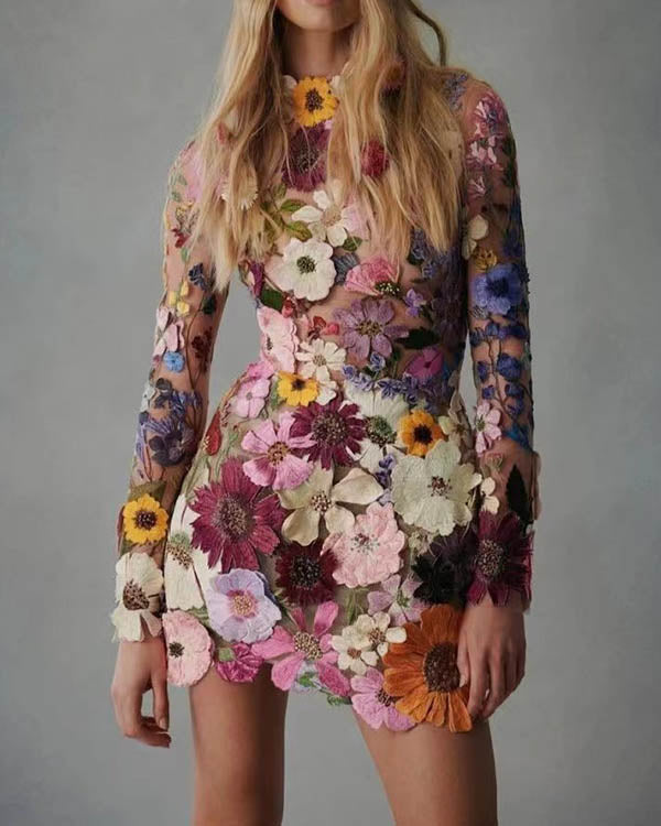 Robe Courte Doublée, Fleur 3D, Manches Longues
