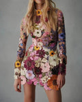 Robe Courte Doublée, Fleur 3D, Manches Longues