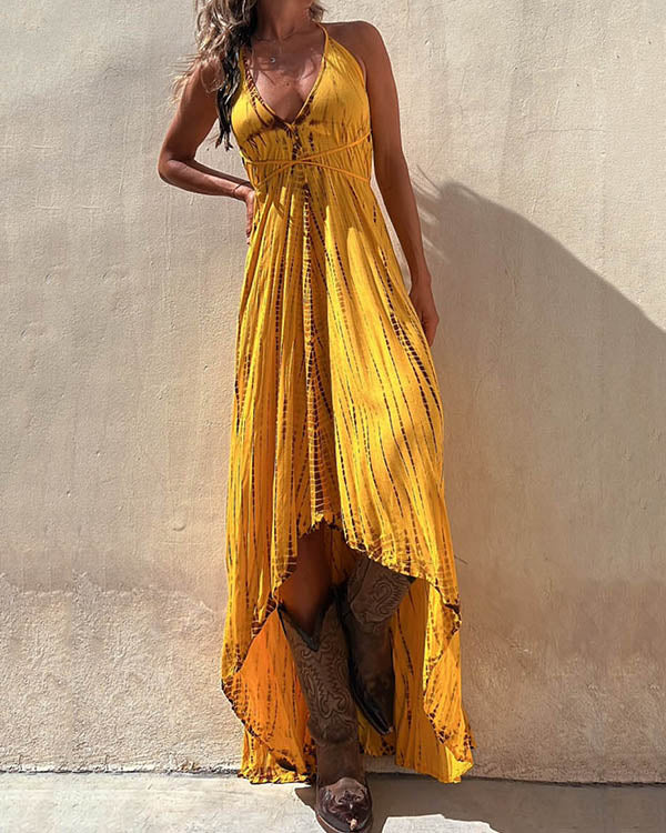Robe Ample Bohème, Tournesol, Col en V, Nuisette