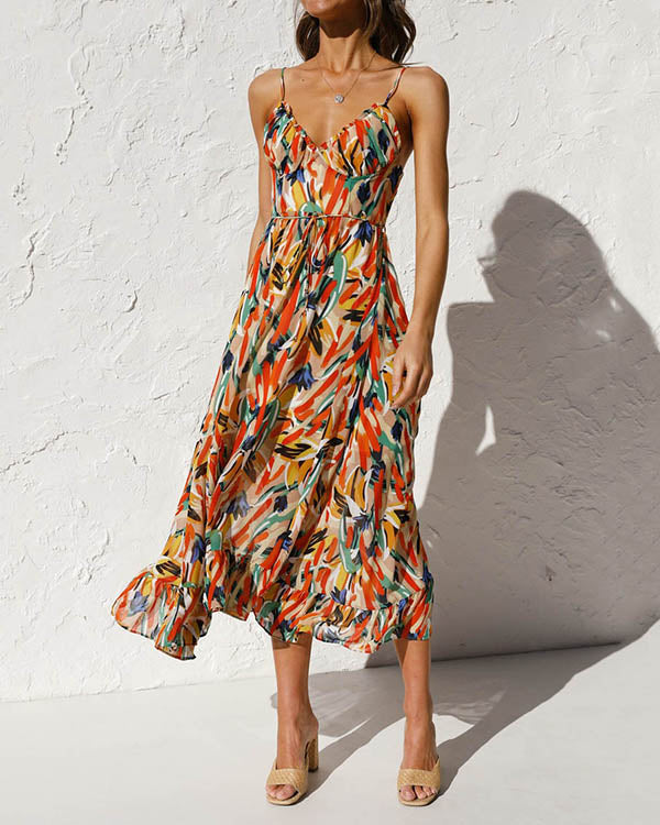 Robe Bohème Imprimée Colorée, Col en V, Nuisette