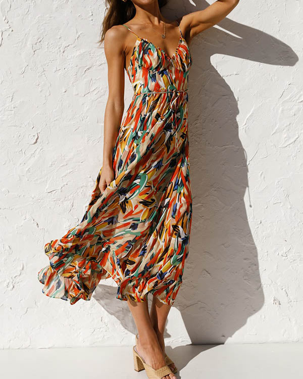 Robe Bohème Imprimée Colorée, Col en V, Nuisette