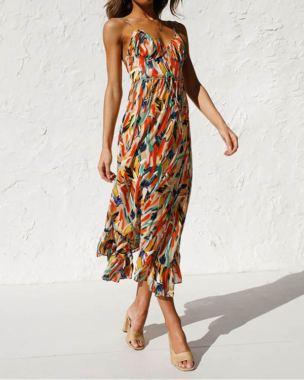 Robe Bohème Imprimée Colorée, Col en V, Nuisette
