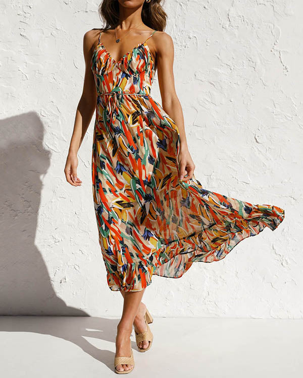 Robe Bohème Imprimée Colorée, Col en V, Nuisette