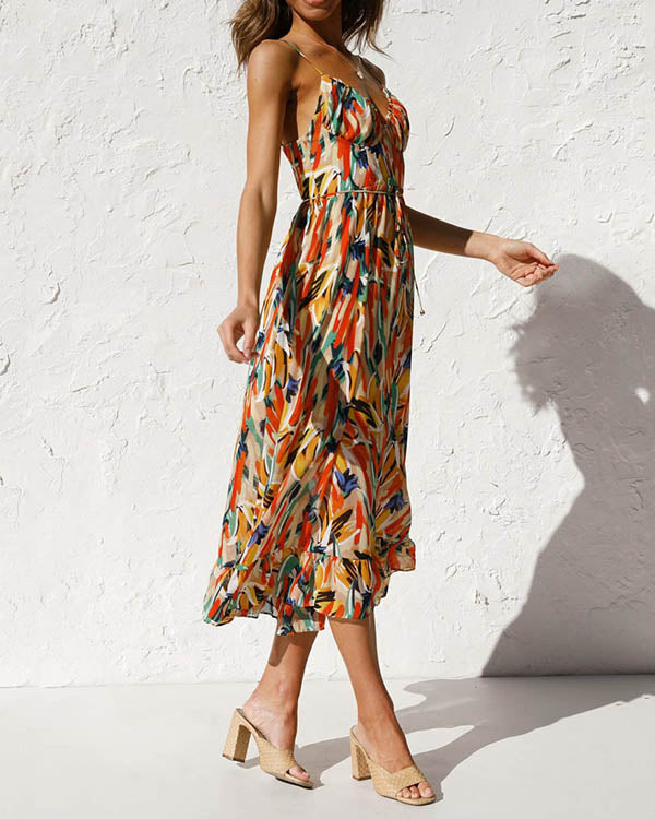 Robe Bohème Imprimée Colorée, Col en V, Nuisette