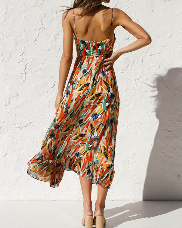 Robe Bohème Imprimée Colorée, Col en V, Nuisette