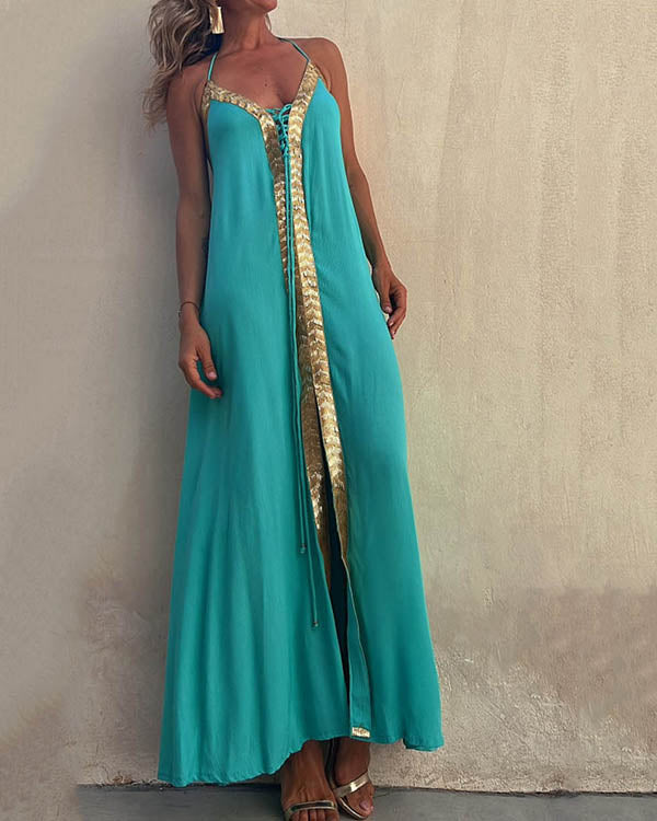 Robe Longue de Fête, Ruban Doré, Lacets