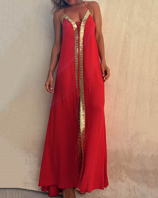 Robe Longue de Fête, Ruban Doré, Lacets