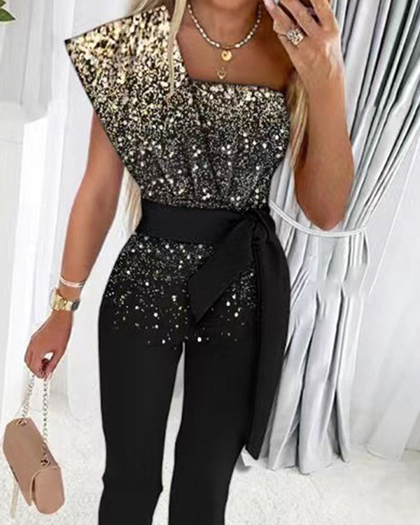 Combinaison Chic à Sequins, Épaules Dénudées