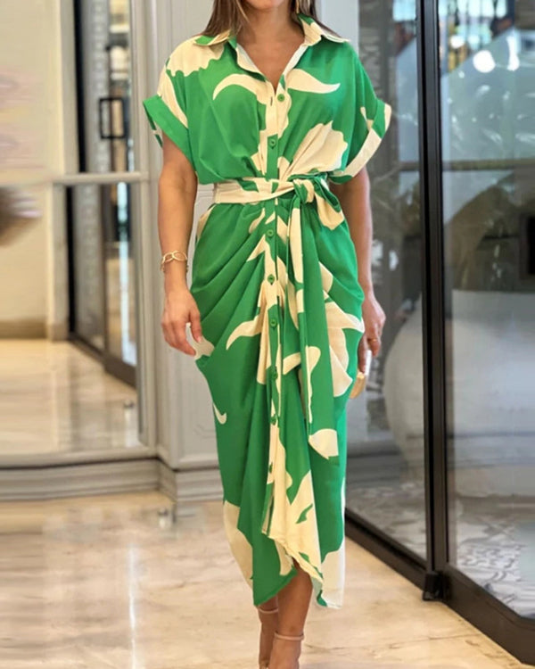 Robe Chemise Drapée Boutonnée, à Revers