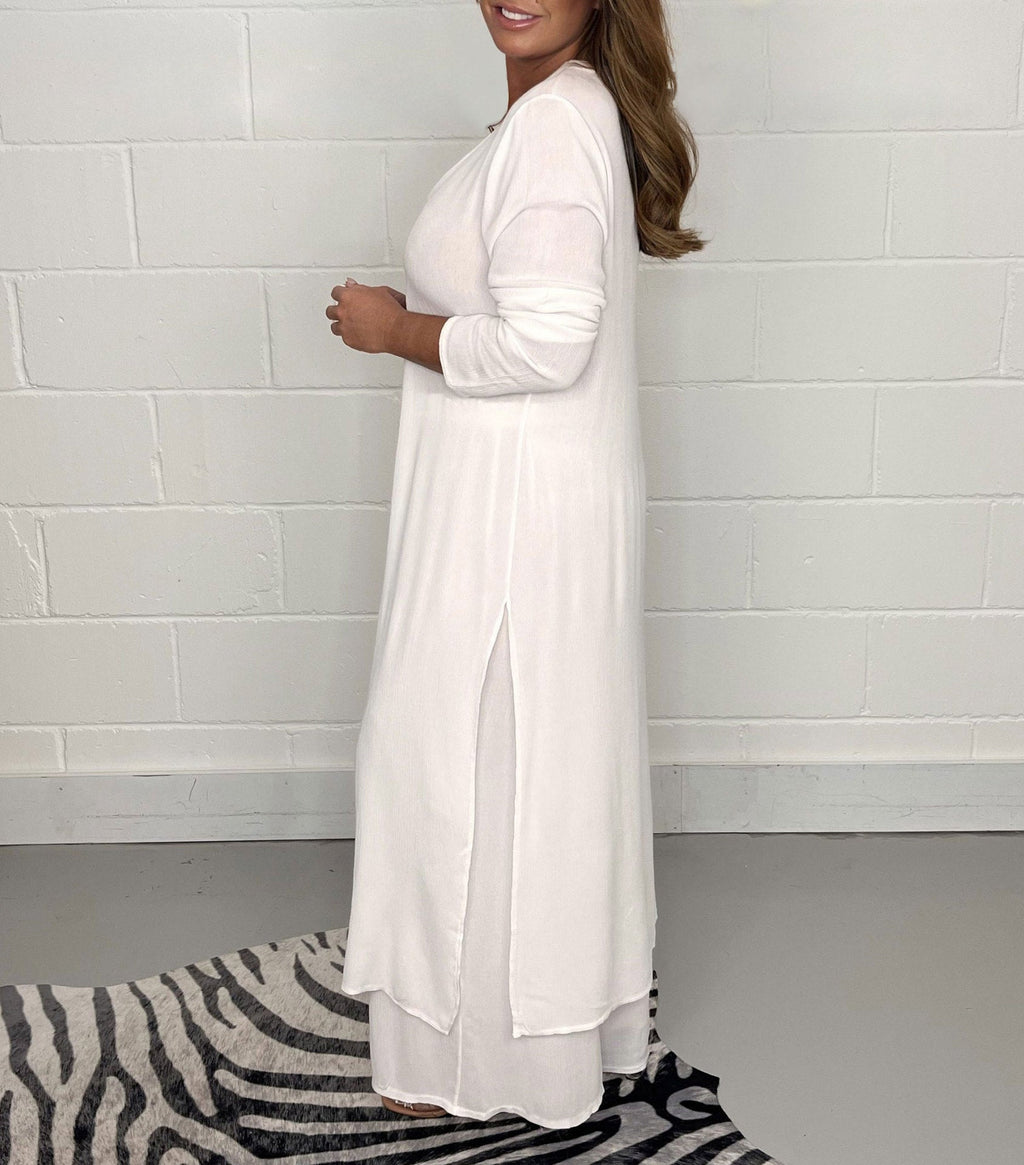 Ensemble Top Long Fendu et Pantalon, Col en V