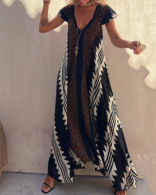 Robe Imprimée Géométrique, Style Bohème, Col en V