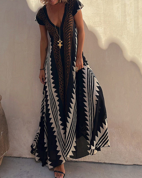 Robe Imprimée Géométrique, Style Bohème, Col en V