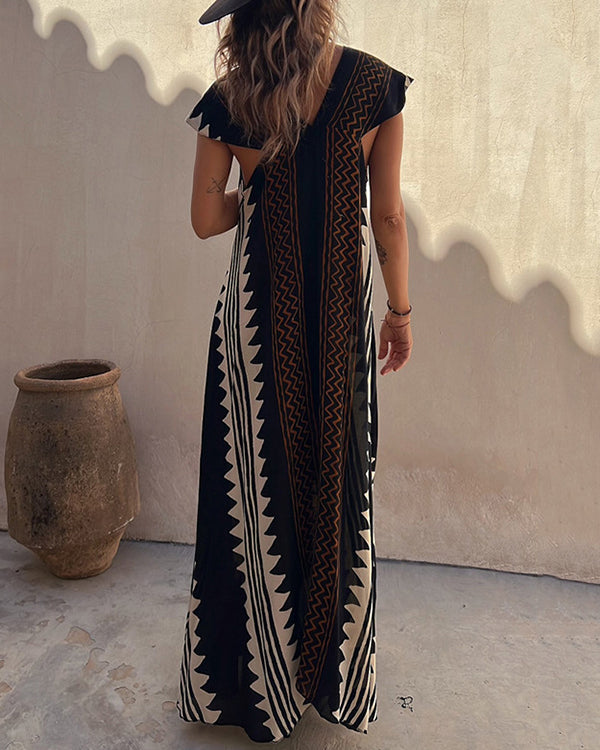 Robe Imprimée Géométrique, Style Bohème, Col en V