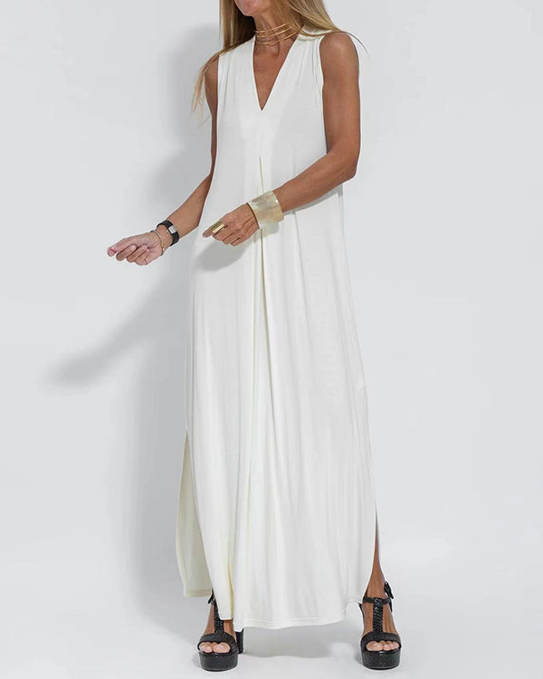 Robe Longue Ample Unie, Col en V