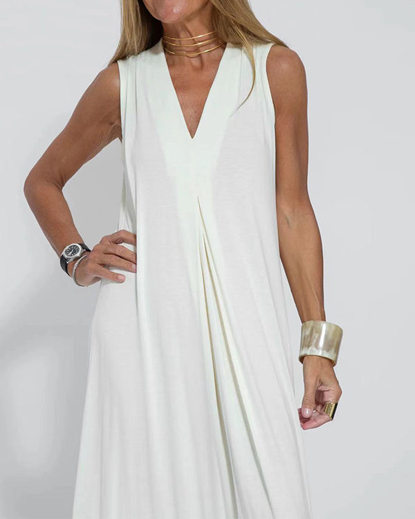 Robe Longue Ample Unie, Col en V