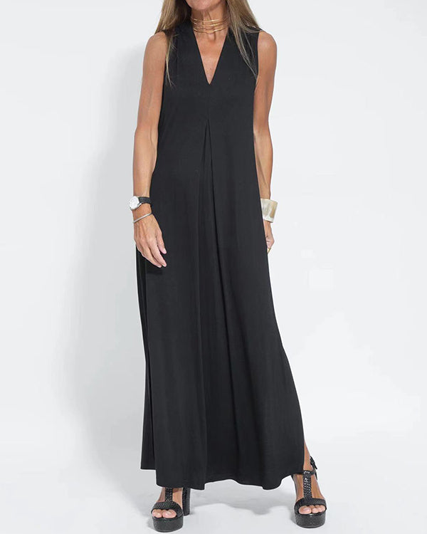 Robe Longue Ample Unie, Col en V