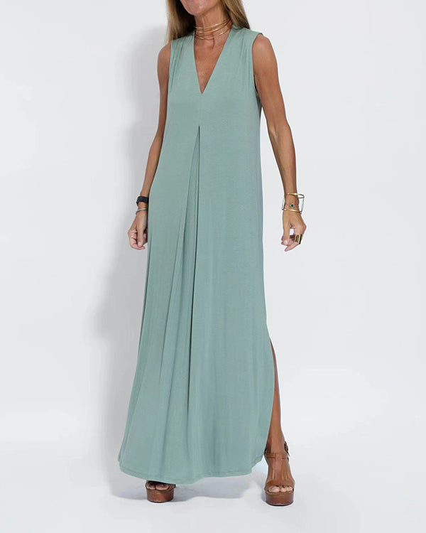 Robe Longue Ample Unie, Col en V