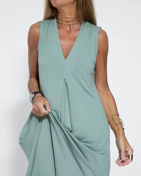 Robe Longue Ample Unie, Col en V
