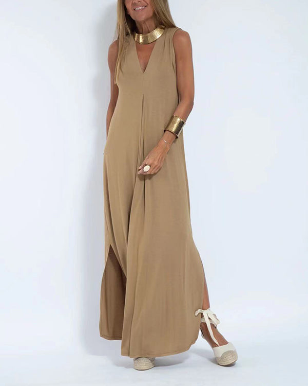Robe Longue Ample Unie, Col en V