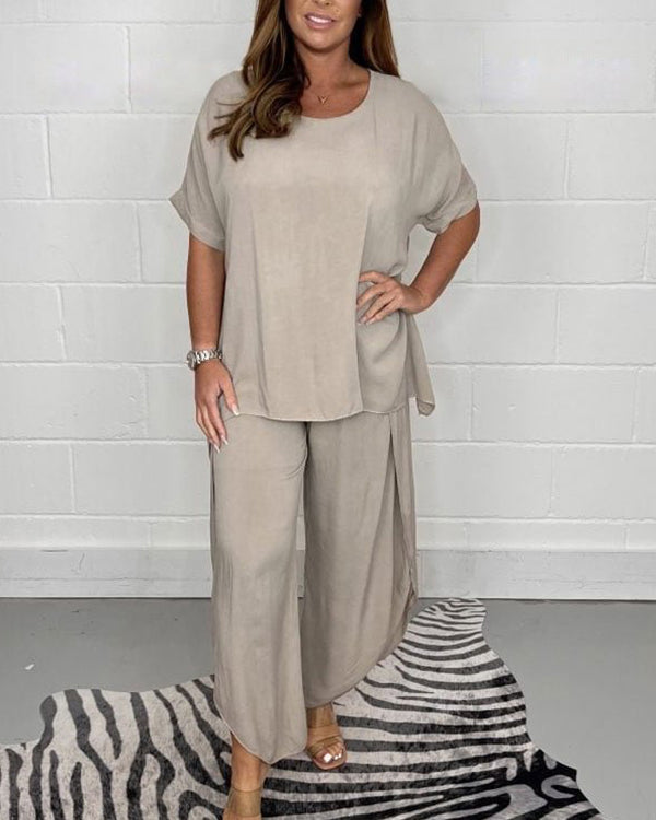 Ensemble T-Shirt Uni et Pantalon, Col Rond