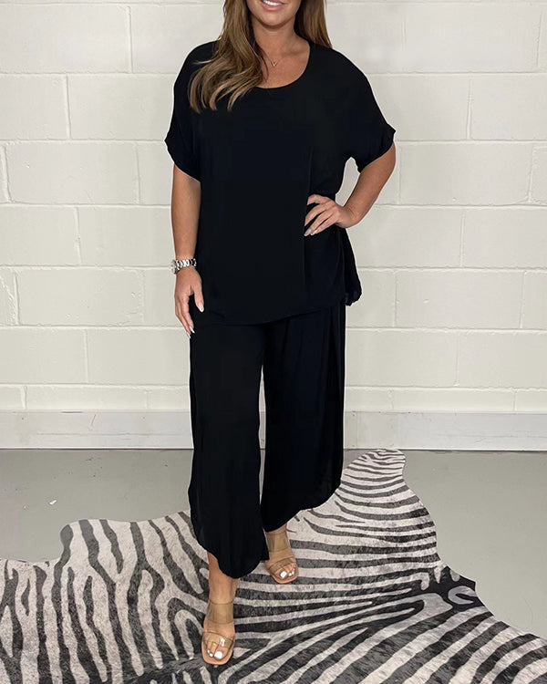 Ensemble T-Shirt Uni et Pantalon, Col Rond