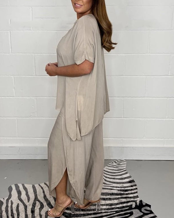 Ensemble T-Shirt Uni et Pantalon, Col Rond