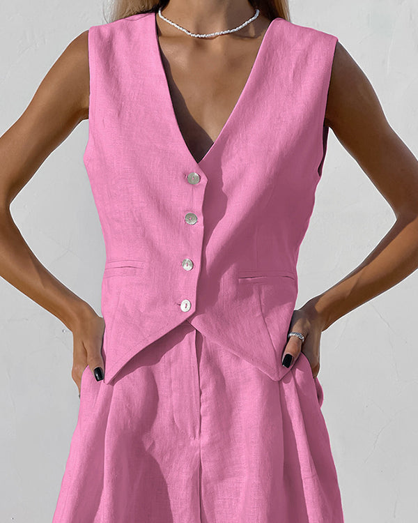 Ensemble Gilet Boutonné Col en V et Short