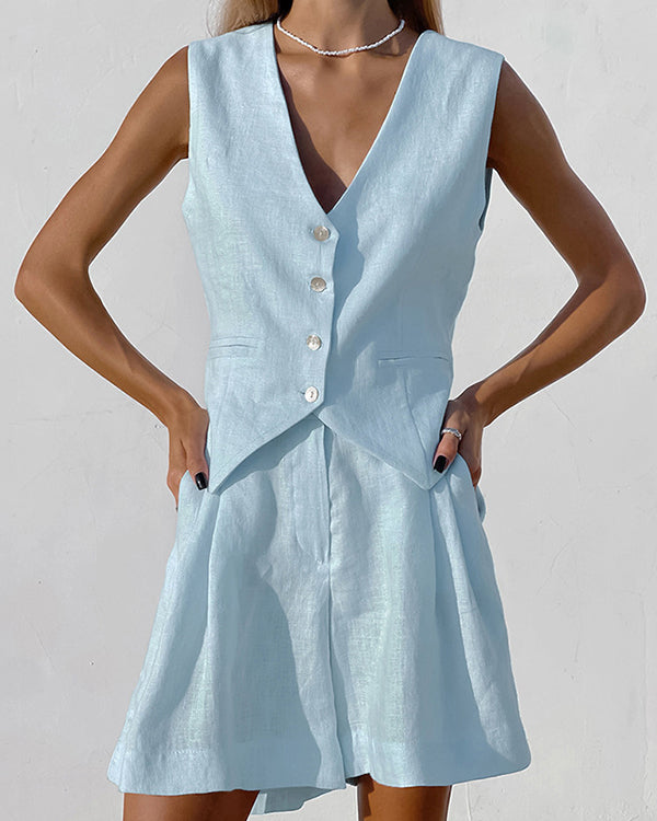 Ensemble Gilet Boutonné Col en V et Short