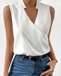 Chemise Chic Sans Manches, Col Montant, Col en V