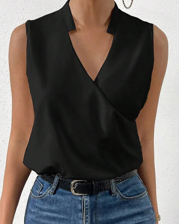 Chemise Chic Sans Manches, Col Montant, Col en V