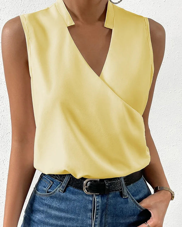 Chemise Chic Sans Manches, Col Montant, Col en V