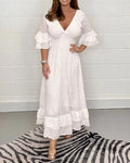 Robe Longue en Coton Ajouré, Col en V