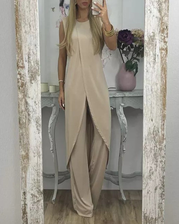 Ensemble Top Long Asymétrique et Pantalon — 11 Coloris
