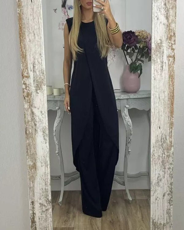 Ensemble Top Long Asymétrique et Pantalon — 11 Coloris