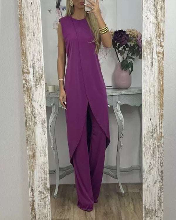 Ensemble Top Long Asymétrique et Pantalon — 11 Coloris