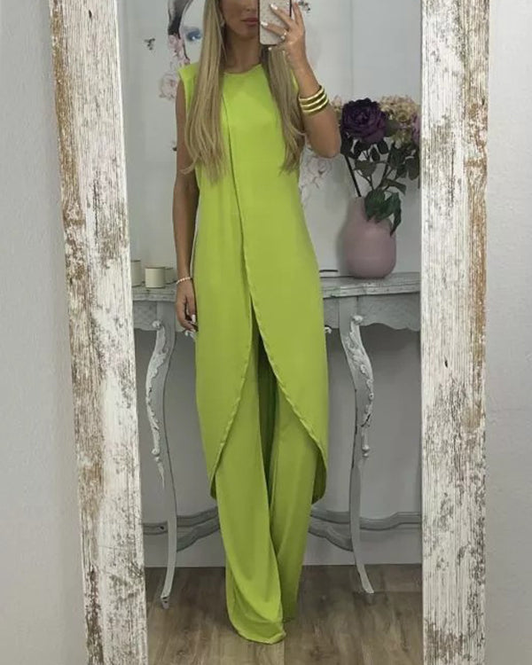 Ensemble Top Long Asymétrique et Pantalon — 11 Coloris