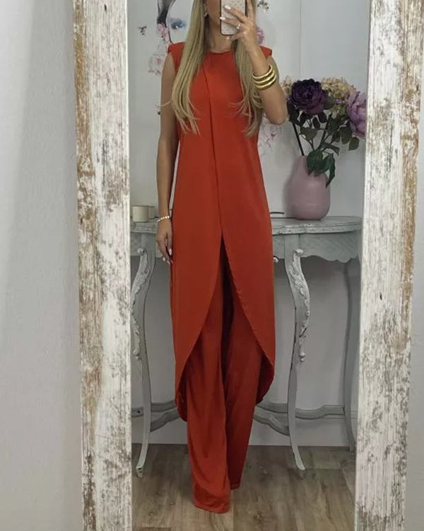 Ensemble Top Long Asymétrique et Pantalon — 11 Coloris