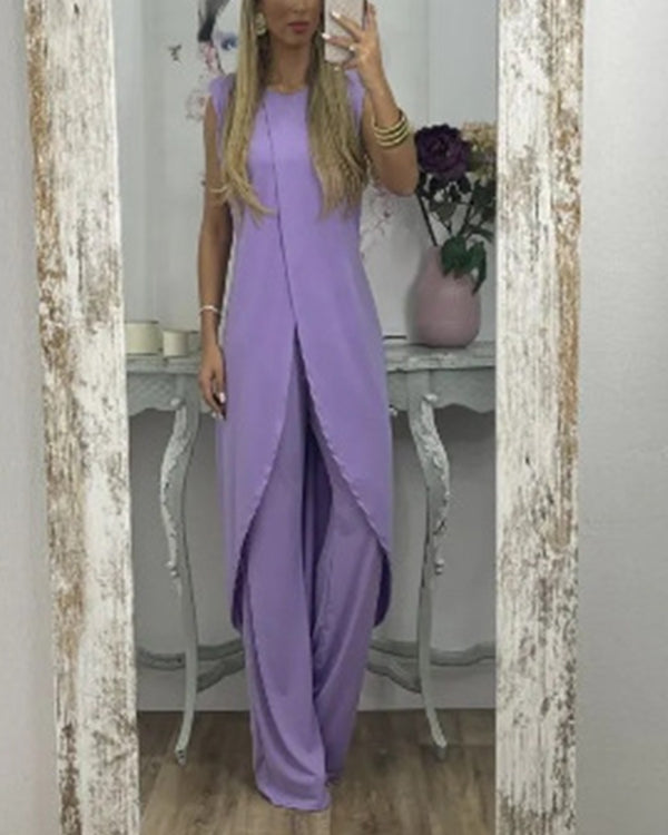 Ensemble Top Long Asymétrique et Pantalon — 11 Coloris
