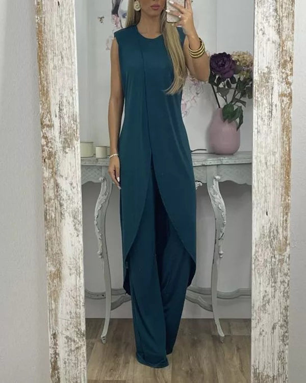 Ensemble Top Long Asymétrique et Pantalon — 11 Coloris