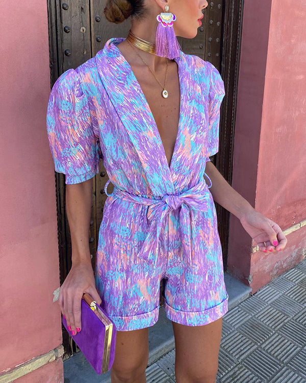 Combinaison Col en V, Manches Bouffantes, Coloris Vifs