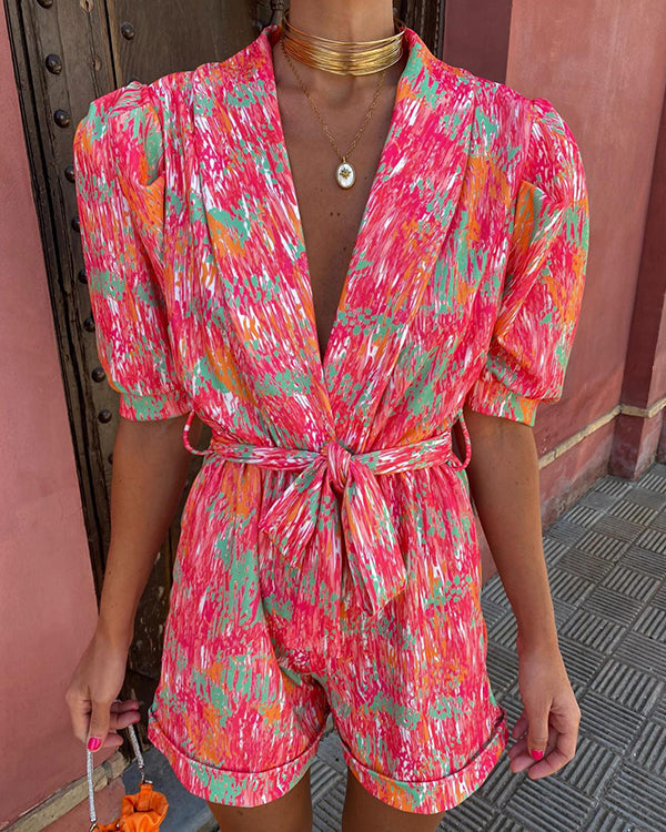 Combinaison Col en V, Manches Bouffantes, Coloris Vifs